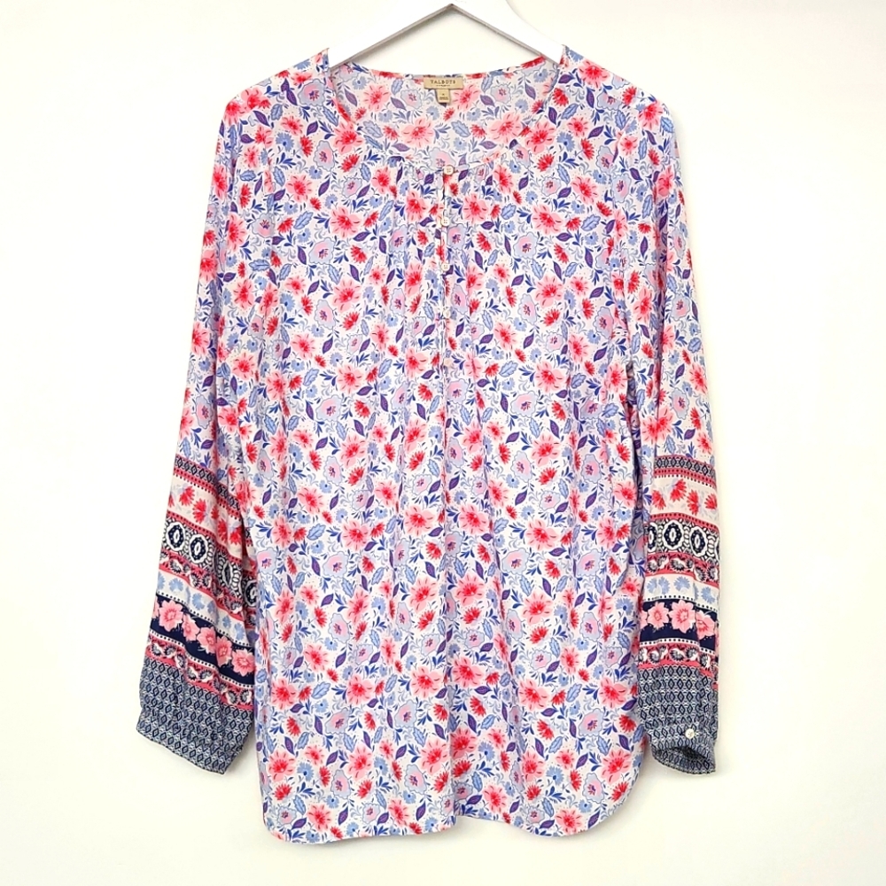 Talbots Woman's Blue Pink White Long Sleeve Soft Rayon Tunic Top Size X - Picture 1 of 9